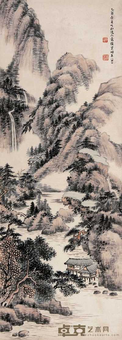 萧俊贤 1945年作 山水 立轴 95×34cm